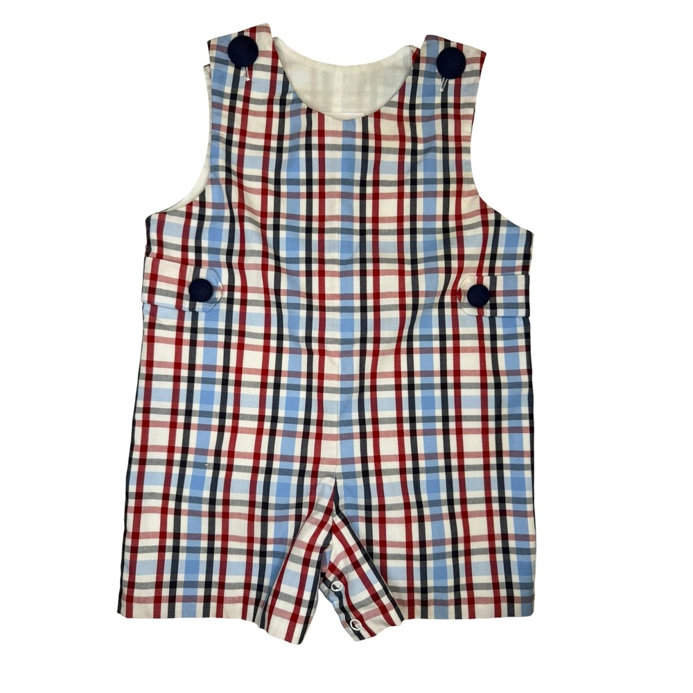 Stitchy Fish Plaid Jon Jon Plaid Blue Red Snap Romper Cotton Blend